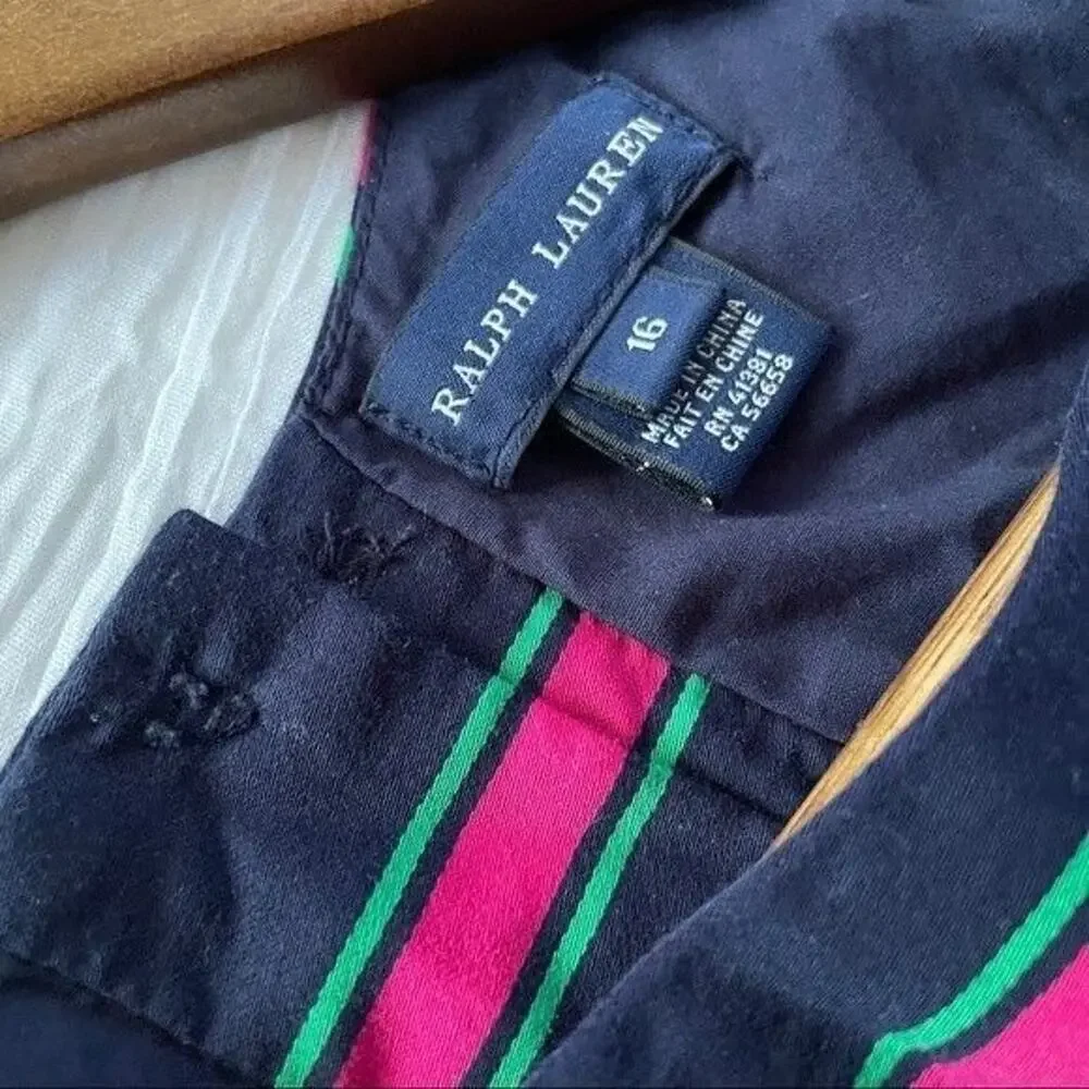 Ralph Lauren · 16 · Navy Blue Dress · Pink/Green Stripe · 100% Cotton